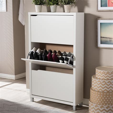 high gloss white wooden storage shoe cabinet stainless steel|Bowery Hill Contemporary Shoe Cabinet in White High Gloss Finish.